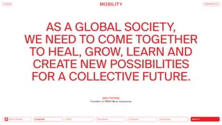 Silver Society
Health
Urbanization
Mobility
Neo-Ecology
Back to the Menu CONNECTIVITY
AS A GLOBAL SOCIETY,
WE NEED TO COME TOGETHER
TO HEAL, GROW, LEARN AND
CREATE NEW POSSIBILITIES
FOR A COLLECTIVE FUTURE.
AKIO TOYODA
President of TOYOTA Motor Corporation
MOBILITY TRENDREPORT 2.0
iF DESIGN
MOBILITY
Neo-Ecology
Connectivity
Silver Society
Health
Urbanization
 
