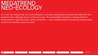 Mobility
MEGATREND
NEO-ECOLOGY
As it enters an ecological age, the world community is currently undergoing an economic and industrial trans­
formation that is affecting all areas of life and society. The sustainability paradigm is changing behaviors
and ­
perspectives regarding society, culture and politics — and is fundamentally restructuring corporate policy
as well as the economic system as a whole.
NEO-ECOLOGY
Connectivity
Silver Society
Health
Urbanization
Back to the Menu Mobility
 
