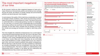 NEO-ECOLOGY
Connectivity
Silver Society
Health
Urbanization
Back to the Menu Mobility
At the moment, hardly any other megatrend appears to have such a
major influence on the economy, politics and society as neo-ecology.
Around the world, the effects of climate change and environmental
pollution are becoming ever more tangible.
In some places, the quality of life is declining considerably as a result
of changed climate conditions; other places are becoming uninhab-
itable and people are already dying as a result. The world community
is confronted with a continuously growing mountain of challenges:
on the one hand, it’s crucial to find a sustainable way to do business
and produce without any sacrifices to the standard of living already
achieved. On the other hand, changes that are already occurring in
the climate and ecology are forcing us to adapt to new living condi-
tions.
The more tangible the undesired consequences of our current ways of
consuming and doing business become, the more a new way of see-
ing the world asserts itself. We are learning that our actions are en-
meshed in multi-causal interdependencies and that events often take
a non-linear course. More and more frequently, we are confronted
with acute escalations of crises: multiple events occur as a result of
each other, and local incidents suddenly have global consequences.
We are learning to view the world, and also ourselves as individuals,
as complex ecosystems that are considerably more than the mere
sum of individual parts. The more in-depth our understanding of the
relationships within a system is, the better we can understand the
interdependencies they contain and cope with these.
The most important megatrend
of our time
Key markets: Consumer willingness to pay more
for environmentally friendly products
Please state your level of agreement with the following statement: I don’t mind
paying more for products that are good for the environment. (% of adults in each
market who are mainly or partly responsible for grocery shopping for their house-
hold)
60 %
32 %
58 %
26 %
57 %
24 %
53 %
18 %
27 %
31 %
0 10 20 30 40 50 60
Germany
Agree Disagree
USA
UK
Australia
Japan
Source: YouGov
Back to “Sponge city”
MEGATREND
NEO-ECOLOGY
Executive summary
Key megatrend
Tipping points
Milestones sustainability
Circular design
Decentralization
Sustainable innovation
Greenwashing
Sustainable products
DESIGN TRENDS
NEO-ECOLOGY
Communicating new ideas
New forms of prosperity
Serious games
Best practices
Sustainable materials
Best practices
Interior design
Best practices
Sportswear and
outdoor products
Holistic sustainability
Systemic sustainability
Best practices
Challenges  solutions
 