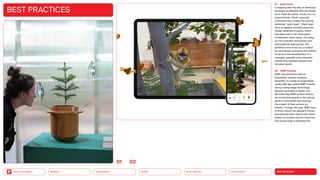 NEO-ECOLOGY
Connectivity
Silver Society
Health
Urbanization
Back to the Menu Mobility
BEST PRACTICES
01 plant fever
In keeping with the idea of American
ecologist Ian Baldwin that we should
try to think like plants, studio d-o-t-s
(Laura Drouet, Oliver Lacrouts)
conceived and curated the touring
exhibition “plant fever”. Plant fever
aims to awaken curiosity about the
hidden potential of plants, which
has been lost in the many years
of alienation from nature. Focusing
on new scientific discoveries and
philosophical approaches, the
exhibition tries to act as a catalyst
for new design scenarios and wishes
to serve in the development of a
changed, possibly more intensive
relationship between people and
the plant world.
02 WWF Forests
WWF has partnered with an
Indonesian startup company,
Assemblr, to create an augmented
reality (AR) app called WWF Forests.
Using cutting-edge technology
features provided by Apple, the
AR tools help WWF protect forests
by connecting people to the natural
world in vivid detail and showing
the impact of their actions on
forests. Through this app, WWF aims
to bring nature into people’s homes
and educate them about their direct
impact on forests and the important
role forests play in everyday life.
0102
 