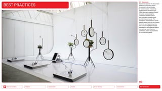 NEO-ECOLOGY
Connectivity
Silver Society
Health
Urbanization
Back to the Menu Mobility
03 Geomerce
Geomerce explores the disconnect
between humans and nature,
in contrast to the artificiality
of modern society. Inspired by
the Neomerce exhibition from
1984, Geomerce takes a different
direction, emphasizing the
connection between nature
and artificiality through plants’
biochemical processes. The
installation showcases how plants
absorb metals from the soil, turning
them into raw material sources.
This concept highlights how the
availability of raw materials affects
international metal markets,
positioning plants as parameters
on the financial market.
BEST PRACTICES
03
 