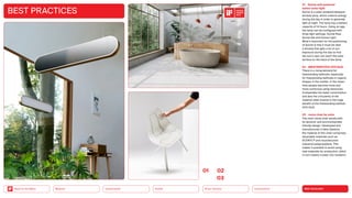 NEO-ECOLOGY
Connectivity
Silver Society
Health
Urbanization
Back to the Menu Mobility
BEST PRACTICES
01 Sunne self-powered
indoor solar light
Sunne is a solar-powered designer
window lamp, which collects energy
during the day in order to generate
light at night. The lamp has a battery
capacity of 14 hours. Using an app,
the lamp can be configured with
three light settings: Sunne Rise,
Sunne Set and Sunne Light.
What’s important for the positioning
of Sunne is that it must be near
a window that gets a lot of sun
exposure during the day so that
the sun’s rays can reach the solar
surface on the back of the lamp.
02 MEISTERSTÜCK OYO DUO
There is a rising demand for
freestanding bathtubs, especially
for freestanding bathtubs in organic
shapes in the market. In the mean­
time people become more and
more conscious using resources.
Comparably low water consumption
and also the cirlcularity of the
material steel enamel is the huge
benefit of the freestanding bathtub
OYO DUO.
03 move chair by noho
The noho move chair excels with
its dynamic and environmentally
friendly design. Developed and
manufactured in New Zealand,
the material of this chair comprises
recyclable materials such as
ECONYL™ and recycled post-
industrial polypropylene. This
makes it possible to avoid using
new materials for production, which
in turn means a lower CO2 footprint.
0102
03
2023
 