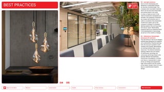 NEO-ECOLOGY
Connectivity
Silver Society
Health
Urbanization
Back to the Menu Mobility
04 tala light solutions
tala is at work developing and
designing a sustainable solution
for sources of artificial light. The
company uses recyclable materials
which can be procured responsibly
and avoids plastic at all costs.
In order to make as much of the
chain of production transparent as
possible, the supplying companies
are chosen with extreme care. In
order to counteract the amassment
of electronic waste, part of the
company’s strategy is to develop
lighting systems that are long-lived
and easy to repair. Repairability
presents itself as an essential factor
in the development of technology
as well as in the creation of design.
05 HiSolutions. Sustainable
workspace for pioneers
The new offices in the Forum Steglitz
building were designed for longevity
and sustainability. Flexible planning
took into account a growth in staff
numbers and change. Refurbishing
an existing building helps to save
resources. The diverse workplace
typology reflects the core values
of individuality, exchange and
community and brings these to life
through different atmospheres.
The pursuit of excellence, a further
core value, is represented in state-
of-the-art fittings and equipment,
high-value buildout and the quality
of the indoor climate, which is in part
due to a sophisticated biophilic
design.
BEST PRACTICES
0405
2023
 