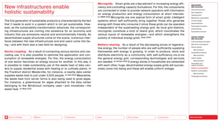 NEO-ECOLOGY
Connectivity
Silver Society
Health
Urbanization
Back to the Menu Mobility
New infrastructures enable
holistic sustainability
The first generation of sustainable products is characterized by the fact
that it needs to exist in a system which is not yet sustainable. How-
ever, as the sustainability transformation advances, the correspond-
ing infrastructures are coming into existence for an economy and
industry that are emissions-neutral and environmentally friendly. As
decentralized supply structures come on the scene, numerous inter­
faces between the new infrastructures and end users come into be-
ing — and with them also a new field for designing:
Sector coupling As a result of connecting various sectors and cas-
cading use, it is also possible to optimize the application and con-
sumption of renewable energies. For this, the energy consumption
of one sector becomes an energy source for another. In this way, it
is possible to make outstanding use of the waste heat of data cen-
ters to supply residential areas with heating or to cultivate plants. In
the Frankfurt district Westerville, for instance, a nearby data center
­
supplies waste heat to just under 3,000 people. (cf. Apel 2022) Meanwhile,
the waste heat from server farms is also being used to grow algae.
For instance, a greenhouse for algae attached to the data center
­
belonging to the Windcloud company uses — and monetizes — the
waste heat. (cf. Maas 2021)
Microgrids Smart grids are a key element in increasing energy effi-
ciency and controlling capacity fluctuations. For this, the components
are connected in order to provide network operators with information
on energy production and energy consumption at short intervals.
(cf. BMWi 2019) Microgrids are one special form of smart grids: intelligent
systems which self-sufficiently bring together those who generate
energy with those who consume it since these grids can be operated
independent of the superseding energy grid. As local grid stations,
microgrids constitute a kind of island grid, which coordinates the
­
various inputs of renewable energies — and which strengthens the
autarky of individual energy grids. (zhaw, 2022)
Battery-sharing As a result of the decreasing prices of regenera-
tive energy, the number of people who are self-sufficiently supplying
themselves with energy is growing. In order to produce, store and
distribute electricity as a community, with self-sufficiency vis-à-vis
the general energy grid, corresponding technologies and services
are needed. (cf. Sonnen 2020) If energy stores in households are networked
with each other, huge, decentralized energy supply grids will succes-
sively come into being and these will enable uniform voltage.
MEGATREND
NEO-ECOLOGY
Executive summary
Key megatrend
Tipping points
Milestones sustainability
Circular design
Decentralization
Sustainable innovation
Greenwashing
Sustainable products
DESIGN TRENDS
NEO-ECOLOGY
Communicating new ideas
New forms of prosperity
Serious games
Best practices
Sustainable materials
Best practices
Interior design
Best practices
Sportswear and
outdoor products
Holistic sustainability
Systemic sustainability
Best practices
Challenges  solutions
 