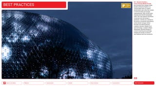 NEO-ECOLOGY
Connectivity
Silver Society
Health
Urbanization
Back to the Menu Mobility
BEST PRACTICES
03 Novartis Pavillon —
A Zero-Energy Media Facade
the innovative zero-energy media
facade at Novartis Pavillon is a
cutting-edge fusion of organic
photovoltaics and LEDs that creates
a communicative and visually
captivating skin. With 10,000 solar
modules and 30,000 embedded
LEDs, this multi-layered membrane
consumes only the energy it
produces. It serves as a canvas for
the works of renowned international
artists Daniel Canogar, Esther
Hunziker and Semiconductor,
creating a dynamic display of art
and technology. Located in Basel,
Switzerland, Novartis Pavillon is
a hub for learning and exchange,
bridging the worlds of science
and medicine with the community.
0102 03
 