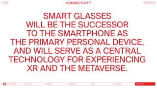 Silver Society
Health
Urbanization
Mobility
Neo-Ecology
Back to the Menu CONNECTIVITY
SMART GLASSES
WILL BE THE SUCCESSOR
TO THE SMART­
PHONE AS
THE PRIMARY PERSONAL ­
DEVICE,
AND WILL SERVE AS A CENTRAL
TECHNOLOGY FOR EXPERIENCING
XR AND THE METAVERSE.
CONNECTIVITY TRENDREPORT 2.0
iF DESIGN
 