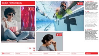 Silver Society
Health
Urbanization
Mobility
Neo-Ecology
Back to the Menu CONNECTIVITY
BEST PRACTICES
01 Lenovo Glasses T1
A big screen in your pocket: Lenovo
Glasses T1 is the newest consumer-
level AR equipment. It creates a
portable, personal and private virtual
display to watch content, play games
and work on the go. Audio speakers
are built into each temple arm for
a high-fidelity, open-ear experience.
02 FORM
constitutes the interface of an online
platform for swim training sessions.
The user can compile workouts and
set goals in advance using an app.
The swimming goggles are linked to
the app and show all important data
(time, distance and pace) for ideal
training results on a small, integrated
display. After the training session
is completed, the goggles transfer
the collected data to the app.
The per­
formance is then logged
by the app and displayed in a clear
and comprehensible manner.
03 Pixel Buds Pro
With Pixel Buds Pro earbuds, Google
Assistant can be used on various
digital devices — and it’s all done
handsfree. Messages can be read
out loud, texts translated and
recordings made with the help
of voice control and tap signals.
The multi-point connection capability
­
allows the user to automatically
switch between multiple end devices.
0102
03
2023
2023
2023
 