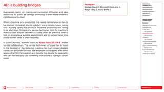 Silver Society
Health
Urbanization
Mobility
Neo-Ecology
Back to the Menu CONNECTIVITY
MEGATREND
CONNECTIVITY
Executive summary
Intertwined worlds
Powered by disruption
Generative AI
Turning point
DESIGN TRENDS
CONNECTIVITY
Metaverse
Interview with Victor Choe
Extended reality
Virtual reality
Best practices
Augmented reality
Best practices
Holograms
Best practices
Seamless personalization
Best practices
Human-machine interaction
Best practices
Playfulness and fiction
Best practices
Challenges  solutions
Augmented reality can resolve communication difficulties and save
resources. Its quality as a bridge technology is even more evident in
a professional context.
When a machine on a production line needs maintenance or has to
be stopped completely due to a defect, every minute means money
lost — in many cases this results in the entire production line having
to be shut down. Bringing in a service technician from the machine’s
manufacturer abroad becomes a costly affair as precious time is
lost on arranging a suitable appointment and on actual travel time
(cross-border travel is often required).
In cases like this, systems such as Rokid Yoda OS-XR-E enable
­
remote collaboration. The service technician no longer has to travel
to the location of the defective machine but can instead digitally
contact an employee on-site. The employee is equipped with smart
glasses that film the situation and transfer the data to the specialist,
who can then add pop-ups containing instructions or highlight certain
areas.
AR is building bridges Examples:
Google Glass 2, Microsoft HoloLens 2,
Magic Leap 2, Vuzix Blade 2
 