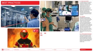 Silver Society
Health
Urbanization
Mobility
Neo-Ecology
Back to the Menu CONNECTIVITY
01 Rokid Yoda OS-XR-E
is a digital assistant that companies
can use for inspections, remote
collaboration, professional training,
maintenance, and security and
quality inspections. Users can
effectively choose and switch
between different functions using
button control, voice control or
gesture control. Standardized design
guidelines for designers and
developers make it possible to
create apps easily and quickly while
the entire user experience remains
consistent.
02 Augmedit
Augmedit uses AR technology
to transform medical findings that
stem from two-dimensional imaging
methods into three-dimensional
models. This helps to prevent
incorrect pre-operative decisions
and to plan surgical procedures.
During operations, these models can
be projected onto the corresponding
body areas of the patient as holo­
grams with the help of AR. This
allows for a more efficient surgical
procedure. Furthermore, this techno­
logy also facilitates the pre- and
post-­
operative communication with
patients.
03 AR Fire-fighting UAV Helmet
Product Concept: As an innovative
and integrated firefighting helmet,
Pathfinder is equipped with UAV to
provide firefighters with information
about the entire building, guide them
through thick smoke, locate trapped
people and indicate the fastest
escape route.
BEST PRACTICES
0102
03
 