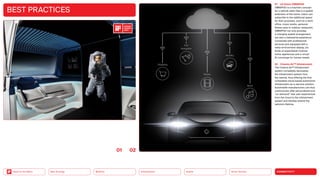Silver Society
Health
Urbanization
Mobility
Neo-Ecology
Back to the Menu CONNECTIVITY
BEST PRACTICES
01 LG Vision OMNIPOD
OMNIPOD is a futuristic concept
for a vehicle cabin that is a spatial
extension of the home. Users can
subscribe to the additional space
for their purposes, such as a work
office, music studio, personal
fitness area or outdoor restaurant.
OMNIPOD not only provides
a changing spatial arrangement,
but also a metaverse experience
connected with professional
services and equipped with a
meta-environment display, six
kinds of expandable modular
home appliances and a virtual
AI concierge for human needs.
02 Cinemo Air™ Infotainment
The Cinemo Air™ Infotainment
­
system completely decouples
the ­
infotainment system from
the vehicle, thus offering the first
com­
pletely cloud-based automotive
infotainment-­as-a-service solution.
Auto­
mobile manufacturers can thus
continuously offer personalized and
“on-demand” new user experiences
from the cloud to the infotainment
system and thereby extend the
vehicle’s lifetime.
0102
2023
 