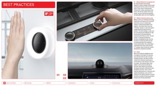 Silver Society
Health
Urbanization
Mobility
Neo-Ecology
Back to the Menu CONNECTIVITY
BEST PRACTICES
01 Alipay Palmprint recognition X1
By using biometric technology,
Alipay X1 is able to identify human palm
­
impressions and the veins of the hand,
which it then uses to authenticate
trans­
actions. Using contactless inter­
action, this device makes online pay­
ments, access controls and passing
through gates safer and more hygienic.
02 Midea Timeless Series Hob
Midea is seen as a leading technology
enterprise in the sectors of consumer
electronics and air conditioning,
robotics, industrial automation and
logistics. The smart stove from the
“Timeless” series is a new and sophis­
ticated technical solution for the
kitchen. The entire design is clear and
flat, simultaneously designed for high
performance and easy cleaning.
Inspired by the feature of the “circular
house” in Chinese architecture,
the semi-embedded burner not only
focuses on producing heat but also
on preventing heat from radiating
to the control panel. The combination
of the electrical rotary knob and the
TFT display make precise yet intuitive
temperature regulation possible.
03 Nomi
Nomi is an artificial intelligence that
is installed in the interior of vehicles
and interacts with its users through
multiple sensors. The users commu­
nicate their individual requirements
to the interior of the vehicle in the form
of a token. The vehicle interior then
adapts to the personal settings of
the user. Nomi offers services that
go beyond standard infotainment and
navi­
gation services. Voice control
reduces distractions to a minimum and
supporting features, such as the vi­
brat­
ing of the steering wheel to prompt
the driver to adjust the driving position,
enhance the driving experience.
0102
03
2023
 