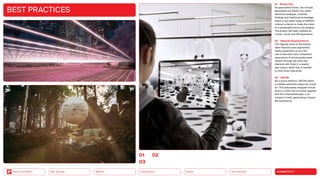 Silver Society
Health
Urbanization
Mobility
Neo-Ecology
Back to the Menu CONNECTIVITY
BEST PRACTICES
01 Planet City
As speculative fiction, the virtually
generated city Planet City unites
­
statistical analyses, scientific
findings and traditional knowledge
about a very wide range of different
cultural contexts to make the vision
of a ­
sustainable future city tangible.
The project has been realized as
a book, movie and VR experience.
02 Hipanda Flagship Store
The flagship store of the fashion
­
label Hipanda uses augmented
reality projections to turn the
visit to the store into a fantastical
experience. A virtual panda leads
visitors through the shop and
interacts with them in a playful
way using a tablet that is handed
to them when they enter.
03 ZECHE
As a virtual platform, ZECHE offers
a creative exhibition space for virtual
art. The elaborately designed virtual
world, in which the art melts together
with the virtual landscape, is an
­
artwork in itself, generating a dream-
like experience.
0102
03
 