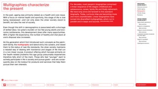 SILVER SOCIETY
Health
Urbanization
Mobility
Neo-Ecology
Connectivity
Back to the Menu
MEGATREND
SILVER SOCIETY
Executive summary
Healthy ageing
Multigraphies
Climate change
Resilience
DESIGN TRENDS
SILVER SOCIETY
Digital health applications
Best practices
Design for multigraphies
Best practices
Design for social connectivity
Best practices
Cooperation between companies
and silver agers
Best practices
Design for goodbyes
Best practices
Challenges  solutions
In the past, ageing was primarily viewed as a health and care issue.
With a focus on mental health and sportivity, this stage of life is now
being reassessed — and not only does the silver society stand to
bene­
fit, but also the rest of society.
Even though the shift in demographics is associated with a shortage
of skilled labor, too great a burden on too few young adults and eco-
nomic bottlenecks, this development does offer many opportunities.
With a higher life expectancy, the number of healthy and vital years at
one’s disposal also increases.
As the generation which first introduced such concepts as the patch-
work family, the multigraphy and lateral entry into careers, and raised
them to the status of new life standards, the silver ­
society maintains
a relaxed way of dealing with transience and stages of life that run
in a non-linear course. A product offering which ­
f­
ocuses primarily on
the health-related problems this age group presumably experiences
therefore falls short of the mark. Those who feel “younger” want to
actively participate in life in ­
society and pursue goals — and are conse-
quently also on the ­
lookout for products and services that help them
pursue their own ­
interests.
Multigraphies characterize
the present
For decades, most people’s biographies comprised
a linear sequence of life stages: childhood and
­
adolescence, career, family life and finally retirement.
We have long since bid farewell to this standard
­
biography. Today, curricula vitae are becoming more
and more unpredictable. Linear biographies have
turned into diversified multigraphies, which run in
parallel and in leaps and bounds. (Zukunftsinstitut, 2021)
Back to “Power of cities”
 