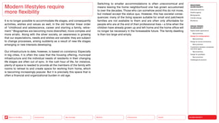 SILVER SOCIETY
Health
Urbanization
Mobility
Neo-Ecology
Connectivity
Back to the Menu
MEGATREND
SILVER SOCIETY
Executive summary
Healthy ageing
Multigraphies
Climate change
Resilience
DESIGN TRENDS
SILVER SOCIETY
Digital health applications
Best practices
Design for multigraphies
Best practices
Design for social connectivity
Best practices
Cooperation between companies
and silver agers
Best practices
Design for goodbyes
Best practices
Challenges  solutions
It is no longer possible to accommodate life stages, and consequently
activities, wishes and values as well, in the old familiar linear order
of “childhood and adolescence, career and starting a family, retire-
ment.” Biographies are becoming more diversified, more complex and
more erratic. Along with the silver society, an awareness is growing
that our expectations, needs and wishes are variable: they are subject
to change processes, arising suddenly as a result of new life stages
emerging or new interests developing.
Our infrastructure to date, however, is based on constancy: Especially
in big cities, it is often the case that the housing offering, ­
municipal
infrastructure and the individual needs of residents in their changing
life stages are often out of sync. In the rush hour of life, for instance,
plenty of space is needed to provide all the members of the family with
rooms to retreat to and create space for working from home, which
is becoming increasingly popular. But it is precisely this space that is
often a financial and organizational burden in old age.
Modern lifestyles require
more flexibility
Switching to smaller accommodations is often uneconomical and
means leaving the home neighborhood one has grown accustomed
to over the decades. Those who can somehow avoid this do not move,
but instead accept the status quo. However, this has societal conse-
quences: many of the living spaces suitable for small and patchwork
families are not available to them and are often only ­
affordable for
people who are at the end of their professional lives — a time when the
children have already grown up and left home and the home office will
no longer be necessary in the foreseeable future. The family dwelling
is then too large and empty.
 