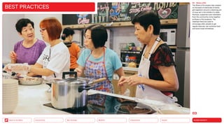 SILVER SOCIETY
Health
Urbanization
Mobility
Neo-Ecology
Connectivity
Back to the Menu
03 Share a Pot
The Share a Pot project was created
on the basis of memories of family
get-togethers around a steaming pot
of soup set in the middle of a table.
Partners, supporters and volunteers
from the community come together
at Share-a-Pot locations. The
meetups there are used to
encourage older people to get
regular exercise, eat nutritious food
and build close friendships.
BEST PRACTICES
03
 