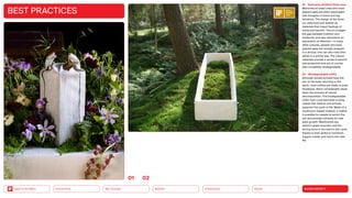 SILVER SOCIETY
Health
Urbanization
Mobility
Neo-Ecology
Connectivity
Back to the Menu
BEST PRACTICES
01 Systrarna Ocklind Ocke urns
Memories of loved ones who have
passed away are often associated
with thoughts of home and big
emotions. The design of the Ocke
urn uses wool and leather as
materials that impart feelings of
home and warmth. The urn bridges
the gap between tradition and
modernity and also represents an
expression of affection — in many
other cultures, people who have
passed away are lovingly wrapped
in a shroud; one can also treat their
ashes in a similar way. The natural
materials provide a sense of warmth
and protection and are of course
also completely biodegradable.
02 Biodegradable coffin
Although burials actually have the
aim of the body returning to the
earth, most coffins are made of solid
hardwood, which considerably slows
down the process of natural
decomposition. The biodegradable
coffin from Loop becomes a living
casket that reflects and actively
supports the cycle of life. Made of a
mushroom-based material, it makes
it possible for people to enrich the
soil and provide nutrients for new
plant growth. Mushrooms are
nature’s great recyclers and the
driving force in the earth’s last cycle
thanks to their ability to transform
organic matter and toxins into new
life.
0102
 