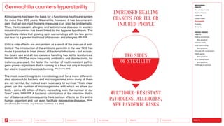 HEALTH
Urbanization
Mobility
Neo-Ecology
Connectivity
Silver Society
Back to the Menu
Killing germs has been the basis for a functioning healthcare ­
system
for more than 200 years. Meanwhile, however, it has become evi-
dent that all-too-rigid hygiene measures can also be problematic.
Thus, the increase in allergies and autoimmune diseases in western
industrial countries has been linked to the hygiene hypothesis. The
hypothesis states that growing up in surroundings with too few germs
can lead to a greater likelihood of diseases and allergies. (RKI, 2014)
Critical side-effects are also evident as a result of the overuse of anti-
biotics: The introduction of the antibiotic penicillin in the year 1939 has
made it possible to treat almost all bacterial infections — but across-
the-board use and all-too-careless handling has led to resistances.
(Ebenhoch, Röhr, 2020) The more frequently antibiotics and disinfectants, for
instance, are used, the faster the number of multi-resistant patho-
gens grows — a problem that is coming to a head not only in hospitals
but also in industrial livestock farming. (Efsa Journal, 2019)
The most recent insights in microbiology call for a more differenti-
ated approach to bacteria and microorganisms since many of them
are not harmful, but instead even necessary for survival. This is clear
given just the number of microorganisms with which we share our
body — some 40 billion of them, exceeding even the number of our
“own” cells. (Abbot, 2016) A bacterial colonization of the intestine that is
out of balance will consequently have serious effects on the entire
human organism and can even facilitate depressive diseases. (Anna-­
Chiara Schaub, Else Schneider, Jorge F. Vazquez-Castellanos, et al., 2022)
Germophilia counters hypersterility
INCREASED HEALING
CHANCES FOR ILL OR
INJURED PEOPLE
MULTIDRUG-RESISTANT
PATHOGENS, ALLERGIES,
NEW PANDEMIC RISKS
TWO SIDES
OF STERILITY
MEGATREND
HEALTH
Executive summary
Healthy lifestyles
COVID-19
Holistic health
Germophilia
Probiotic
Solidarity
DESIGN TRENDS
HEALTH
Healing architecture
Best practices
Hedonic health
Body data tracking
Best practices
Interview with Jarred Evans
Health games
Best practices
AI for mental health
Best practices
Challenges  solutions
 