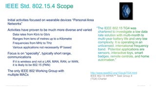 Cisco Confidential© 2012 Cisco and/or its affiliates. All rights reserved. 17
Initial activities focused on wearable devices “Personal Area
Networks”
Activities have proven to be much more diverse and varied
Data rates from Kb/s to Gb/s
Ranges from tens of metres up to a Kilometre
Frequencies from MHz to THz
Various applications not necessarily IP based
Focus is on “specialty”, typically short range,
communications
If it is wireless and not a LAN, MAN, RAN, or WAN,
it is likely to be 802.15 (PAN)
The only IEEE 802 Working Group with
multiple MACs
http://www.ieee802.org/15/pub/TG4.html
IEEE 802.15 WPAN™ Task Group 4
(TG4) Charter
 