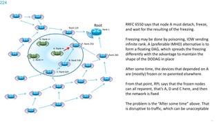 224
Root
Rank 1
Rank 110
P: Rank 250
Rank 260
B: Rank 530
D: Rank ∞
C: Rank ∞
E: Rank 620
RRFC 6550 says that node A must detach, freeze,
and wait for the resulting of the freezing.
Freezing may be done by poisoning, IOW sending
infinite rank. A (preferable IMHO) alternative is to
form a floating DAG, which spreads the freezing
differently with the advantage to maintain the
shape of the DODAG in place
After some time, the devices that depended on A
are (mostly) frozen or re-parented elsewhere.
From that point, RPL says that the frozen nodes
can all reparent, that’s A, D and C here, and then
the network is fixed
The problem is the “After some time” above. That
is disruptive to traffic, which can be unacceptable
A: Rank ∞
224
 