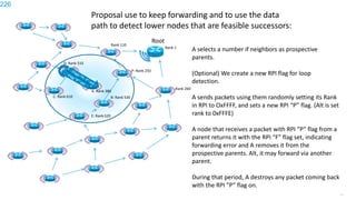 226
Root
Rank 1
Rank 110
P: Rank 250
Rank 260
B: Rank 530
D: Rank 510
C: Rank 610
E: Rank 620
A selects a number if neighbors as prospective
parents.
(Optional) We create a new RPI flag for loop
detection.
A sends packets using them randomly setting its Rank
in RPI to OxFFFF, and sets a new RPI “P” flag. (Alt is set
rank to 0xFFFE)
A node that receives a packet with RPI “P” flag from a
parent returns it with the RPI “F” flag set, indicating
forwarding error and A removes it from the
prospective parents. Alt, it may forward via another
parent.
During that period, A destroys any packet coming back
with the RPI ”P” flag on.
A: Rank 380
Proposal use to keep forwarding and to use the data
path to detect lower nodes that are feasible successors:
226
 
