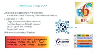25
Little work on adapting IPv4 to radios
Rather adapt radios to IPv4 e.g. WIFI infrastructure mode
« Classical » IPv6
Large, Scoped and Stateful addresses
Neighbor Discovery, RAs (L3 beacons)
SLAAC (quick and scalable)
Anycast Addresses
IPv6 evolution meets Wireless:
Mobile Routers (LISP, NEMO) (Proxy) MIPv6
6LoWPAN 6TiSCH ROLL/RPL CoAP
ISA100.11a LPWAN Thread ZigBee/IP
 