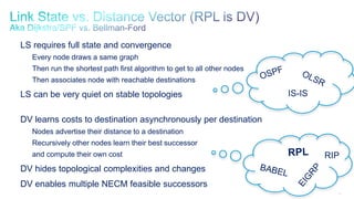 61
LS requires full state and convergence
Every node draws a same graph
Then run the shortest path first algorithm to get to all other nodes
Then associates node with reachable destinations
LS can be very quiet on stable topologies
DV learns costs to destination asynchronously per destination
Nodes advertise their distance to a destination
Recursively other nodes learn their best successor
and compute their own cost
DV hides topological complexities and changes
DV enables multiple NECM feasible successors
RIP
IS-IS
 