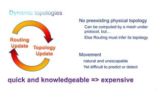 72
No preexisting physical topology
Can be computed by a mesh under
protocol, but…
Else Routing must infer its topology
Movement
natural and unescapable
Yet difficult to predict or detect
 