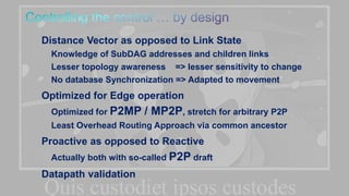 82
Distance Vector as opposed to Link State
Knowledge of SubDAG addresses and children links
Lesser topology awareness => lesser sensitivity to change
No database Synchronization => Adapted to movement
Optimized for Edge operation
Optimized for P2MP / MP2P, stretch for arbitrary P2P
Least Overhead Routing Approach via common ancestor
Proactive as opposed to Reactive
Actually both with so-called P2P draft
Datapath validation
 