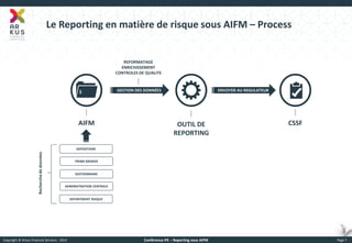 Copyright © Arkus Financial Services - 2014 
Conférence IFE – Reporting sous AIFM 
Page 7 
Le Reporting en matière de risque sous AIFM – Process 
AIFM 
DEPOSITAIRE 
Recherche de données 
PRIME BROKER 
GESTIONNAIRE 
DEPARTMENT RISQUE 
ADMINISTRATION CENTRALE 
OUTIL DE REPORTING 
CSSF 
GESTION DES DONNÉES 
ENVOYER AU REGULATEUR 
$ 
REFORMATAGE 
ENRICHISSEMENT 
CONTROLES DE QUALITE  