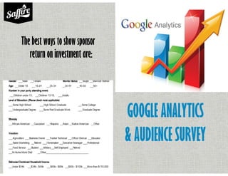The best ways to show sponsor
return on investment are:
GOOGLE ANALYTICS
& AUDIENCE SURVEY
 
