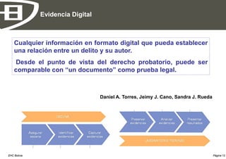 Evidencia Digital



    Cualquier información en formato digital que pueda establecer
    una relación entre un delito y su autor.
    Desde el punto de vista del derecho probatorio, puede ser
    comparable con “un documento” como prueba legal.



                                  Daniel A. Torres, Jeimy J. Cano, Sandra J. Rueda




EHC Bolivia                                                                          Página 12
 