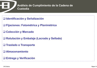 Análisis de Cumplimiento de la Cadena de
              Custodia


 Identificación y Señalización

 Fijaciones: Fotométrica y Planimétrica

 Colección y Marcado

 Rotulación y Embalaje (Lacrado y Sellado)

 Traslado o Transporte

 Almacenamiento

 Entrega y Verificación

EHC Bolivia                                              Página 19
 