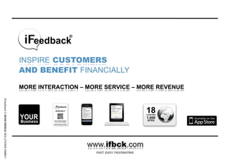iFeedback
A product of BHM Media Solutions GmbH
CONFIDENTIAL
© 2012 BHM Media Solutions GmbH
MORE INTERACTION – MORE SERVICE – MORE REVENUE
INSPIRE CUSTOMERS
18COUNTRIES
1.000
SITES
iFeedback©BHMMEDIASOLUTIONSGMBH
AND BENEFIT FINANCIALLY
 