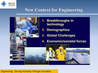 New Context for Engineering

           1. Breakthroughs in
              technology
           2. Demographics
           3. Global Challenges
           4. Economic/societal forces




5
 