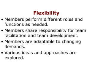Flexibility
• Members perform different roles and
functions as needed.
• Members share responsibility for team
facilitation and team development.
• Members are adaptable to changing
demands.
• Various ideas and approaches are
explored.
 