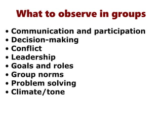 What to observe in groups
• Communication and participation
• Decision-making
• Conflict
• Leadership
• Goals and roles
• Group norms
• Problem solving
• Climate/tone
 