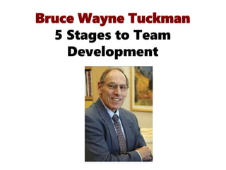 Bruce Wayne Tuckman
5 Stages to Team
Development
 