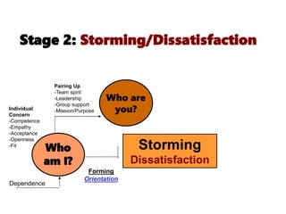 Stage 2: Storming/Dissatisfaction
Who
am I?
Who are
you?
Forming
Orientation
Dependence
Storming
Dissatisfaction
Individual
Concern
-Competence
-Empathy
-Acceptance
-Openness
-Fit
Pairing Up
-Team spirit
-Leadership
-Group support
-Mission/Purpose
 