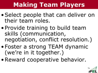 76
•Select people that can deliver on
their team roles.
•Provide training to build team
skills (communication,
negotiation, conflict resolution.)
•Foster a strong TEAM dynamic
(we’re in it together.)
•Reward cooperative behavior.
Making Team Players
 