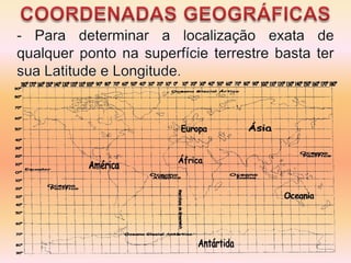 COORDENADAS GEOGRÁFICAS- Para determinar a localização exata de qualquer ponto na superfície terrestre basta ter sua Latitude e Longitude.