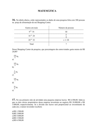 MATEMÁTICA
16. Na tabela abaixo, estão representados os dados de uma pesquisa feita com 300 pessoas
na praça de alimentação de um Shopping Center.
Gastos em reais Número de pessoas
8 16 50
16 24
24 32
Total ?
Nesse Shopping Center da pesquisa, que porcentagem dos entrevistados gasta menos de R$
24,00?
a)
b)
c)
d)
e)
17. No seu primeiro mês de atividade uma pequena empresa lucrou R$ 6.500,00. Sabe-se
que os dois sócios proprietários dessa empresa investiram no negócio R$ 10.000,00 e R$
3.000,00, respectivamente. Se a divisão dos lucros será proporcional ao investimento de
cada um, o menor investidor receberá:
a)R$ 1.500,00
b)R$ 3.000,00
c)R$ 5.000,00
d)R$ 5.500,00
e)R$ 6.500,00
 