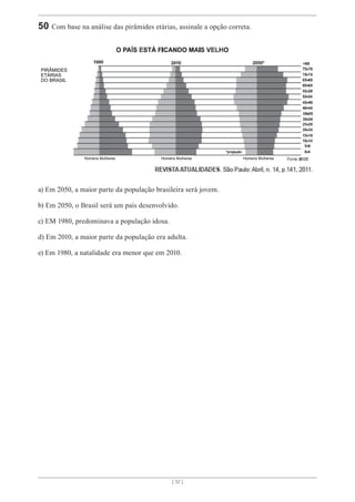 [ 32 ]
50 Com base na análise das pirâmides etárias, assinale a opção correta.
a) Em 2050, a maior parte da população brasileira será jovem.
b) Em 2050, o Brasil será um país desenvolvido.
c) EM 1980, predominava a população idosa.
d) Em 2010, a maior parte da população era adulta.
e) Em 1980, a natalidade era menor que em 2010.
Homens Mulheres Homens Mulheres
Homens Mulheres
PIRÂMIDES
DO BRASIL
ETÁRIAS
 