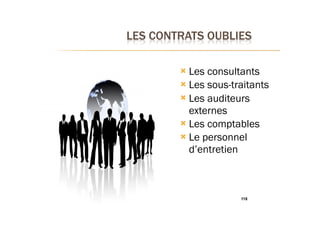 118
! Les consultants
! Les sous-traitants
! Les auditeurs
externes
! Les comptables
! Le personnel
d’entretien
 