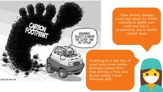 These dietary changes
could save about $1 trillion
annually in health care
costs and loss in
productivity due to health
related issues
Switching to a diet free of
meat saves more carbon
emissions (about 50%)
than driving a Prius and
by just eating a local
omnivore diet!
 