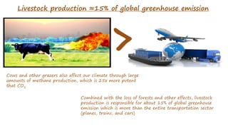 Livestock production ≈15% of global greenhouse emission
>
Cows and other grazers also affect our climate through large
amounts of methane production, which is 25x more potent
that CO2
Combined with the loss of forests and other effects, livestock
production is responsible for about 15% of global greenhouse
emission which is more than the entire transportation sector
(planes, trains, and cars)
 