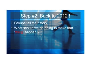 Step #2: Back to 2012 !
•  Groups tell their story
•  What should we be doing to make that
   “thing” happen ?
 