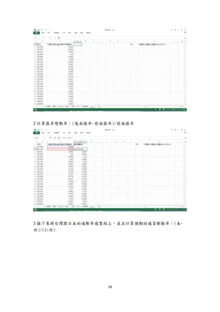 18
2 計算匯率變動率：(後面匯率-前面匯率)/前面匯率
3 接下來將台灣跟日本的通膨率複製貼上，並且計算預期的通貨膨脹率：(本-
外)/(1+外)
 