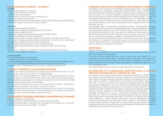 CONTENU DES MODULES
Ces modules sont également ouverts aux personnes ayant déjà suivis
notre formation en Gestalt Thérapie ou des formations similaires en Psy-
chothérapie dans d’autres Instituts de formation ainsi qu’aux Gestalt
Praticiens / Gestalt Thérapeutes déjà certifiés (sur entretien préalable
avec la responsable de formation d’IFFP).
Les dates des modules sont disponibles sur demande auprès d’IFFP.
> Tous les modules alternent apports théoriques et expérimentations
didactiques.
THÉORIE DU SELF ET PERSPECTIVE DE CHAMP
La théorie du champ est une des spécificités de la Gestalt-thérapie. Il n’est pas
habituel de penser et de travailler en termes d’interaction organisme/environne-
ment. À partir d’un approfondissement théorique et de mises en situation, nous
observerons les éléments constituant le champ qui nous permettent de passer
d’un paradigme individualiste à un paradigme de champ.
Nous considérerons le rapport figure-fond et accompagnerons l’émergence de
la figure, afin d’identifier le Ça de la situation.
Nous accompagnerons le passage de l’implicite à l’explicite.
LA GESTALT ET LES CONDUITES ADDICTIVES
Ce module de formation en Gestalt thérapie traite des points suivants :
• La définition de l’addiction : notions de tolérance, d’accoutumance et de dé-
pendance, les symptômes, les aspects généraux, la description du processus,
l’arrêt d’une addiction, la rechute .
• Les différents objets d’addiction : substances psychotropes, comportements.
• La genèse de l’addiction : hypothèse théorique courante, renforcement de
l’enracinement.
• L’entourage : la co-dépendance et son vécu, le système familial.
• Le regard gestaltiste : self et cycle de contact, données existentielles.
• La thérapie : spécificités, postures, transfert et contre transfert en Gestalt.
GESTALT ET AGRESSIVITE / VIOLENCE
Les objectifs sont de définir et de différencier agressivité, colère et violence en
découvrant comment la Gestalt travaille avec ces notions.
Nous aborderons les points suivants :
• La représentation de l’agressivité dans l’ « ici et maintenant » du groupe (Ob-
servation et échange).
• Les émotions de base : leur universalité, leur utilité, leur lecture dans le corps.
• L’agressivité saine, la colère et la violence : définitions, différences, objectifs.
• La Gestalt et l’agressivité : organisme et environnement, réponses, rappel du
cycle de contact et mécanismes d’adaptation, mécanismes et dysfonctions,
saine interruption du cycle, la colère comme énergie de la différenciation.
• Les formes masquées ou non de la violence : passivité agressive, perversité,
sociopathies.
7
 