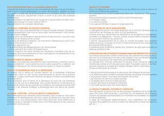 4
1er CYCLE (Année 2016)
FORMATION INITALE EN GESTALT THÉRAPIE
Dates 1er cycle Année 2016
9-10 janvier + 6-7 février + 18-20 mars + 9-10 avril + 20-22 mai
+ 25-26 juin + 25-31 juillet + 23-25 septembre + 21-23 octobre + 19-20
novembre + 17-18 décembre 2016
> Fondements de la Gestalt Thérapie.
Initiation aux concepts de base : Théorie du Self, processus, fron-
tière contact, cycle de contact, résistances, figure/fond, awareness/
consciousness, ajustement créateur, la perspective de champ etc…
MODULES
> La Gestalt Thérapie, Histoire et Contextes
> Expérimenter la Gestalt Thérapie
> Le corps et le toucher en Gestalt
> Psychothérapie de l’enfant - la famille (le bébé)
> Gestalt et Clown
> Gestalt Thérapie et médiation artistique
> Gestalt et exploration vocale
> Théorie du self et perspective de champ
> Les mécanismes de régulation et cycle de contact
> Module de philosophie : phénoménologie
> Le travail corporel en Gestalt Thérapie
> De la naissance du corps à la naissance psychique
> Morale / Ethique / Déontologie
> Evaluation 1er Cycle.
> Attestation de Formation Initiale en Gestalt Thérapie.
> Sélection sur évaluation par l’équipe pédagogique pour le 2ème Cycle
2ème CYCLE (Année 2017)
FORMATION DE GESTALT PRATICIEN
Dates finalisées au 1er trimestre 2016
> Gestalt Thérapie : approfondissement de la théorie, la méthodologie,
la pratique et développement de la posture gestaltiste.
> Ce cycle comporte des séquences de pratique thérapeutique sous supervision.
> Psychopathologie DSM IV / Eclairage Gestaltiste
 