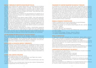 MODULES
> Approfondissement Gestalt et Corps
> Gestalt et sexualité
> Honte et Gestalt Thérapie
> Gestalt et Systémie
> Trajectoire de vie et génogramme
> Approfondissement Psychothérapie de l’enfant - la famille (l’enfant)
> Approfondissement de la perspective de champ
> Transfert / Contre-Transfert en Gestalt Thérapie
> Gestalt Thérapie et contraintes existentielles
> Ouverture à la Psychothérapie gestaltiste des relations d’objet : PGRO
> Gestalt Thérapie et Identification Projective (IP)
> Gestalt et Agressivité/Violence
> Un atelier d’écriture est proposé au cours du 2e cycle.
> Evaluation 2ème Cycle et Validation par la rédaction d’un écrit qui
vise à vérifier l’assimilation des concepts et l’intégration expérientielle
du candidat en vue de sa pratique de Gestalt Praticien.
> Certification de Gestalt Praticien
> Signature par le Gestalt Praticien de la Charte Déontologique de
l’EAGT et de l’EAP, adoptée par la FF2P et IFFP
3ème CYCLE (Année 2018)
FORMATION DE GESTALT THÉRAPEUTE
Dates finalisées au 1er trimestre 2017
> Formation avancée en Gestalt Thérapie.
> Pratique thérapeutique et Supervision professionnelle.
> Psychopathologie DSM IV / Éclairage Gestaltiste.
MODULES (3ème et 4ème Cycle)
> Les émotions et la régulation affective dans la relation thérapeutique
en Gestalt Thérapie du lien.
> Accompagnement des attaques de panique par la Gestalt Thérapie
> Champ, lien, contact, relation en Gestalt Thérapie
> Rêve et Gestalt Thérapie
> Cadre – Posture – Style du Gestalt Thérapeute
> Travailler avec les couples en Gestalt
> L’animation d’un groupe en et de Gestalt
> Gestalt et conduites addictives
> Les troubles de la personalité : le borderline
> Maltraitance et Gestalt Thérapie
> Gestalt et Bioénergie face à la dépression.
5
 